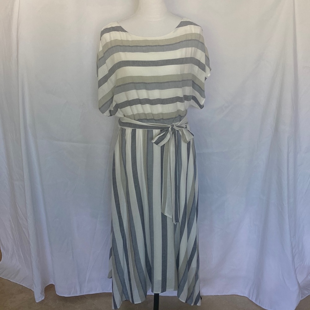 Jessica Howard EUC Linen Blend Beachy/Boho Tie Waist Striped Sundress, size 12